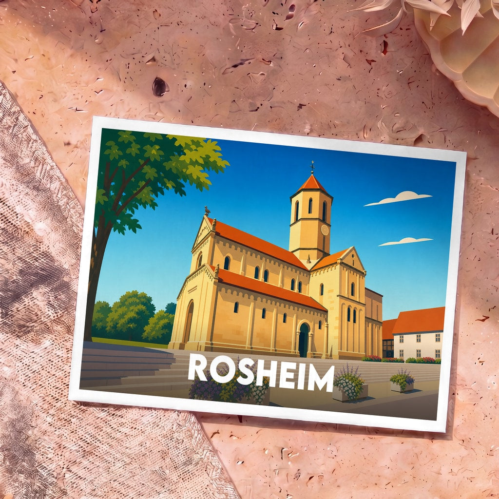 Carte postale souvenir de la ville de Rosheim avec une illustration stylisée de son église romane.