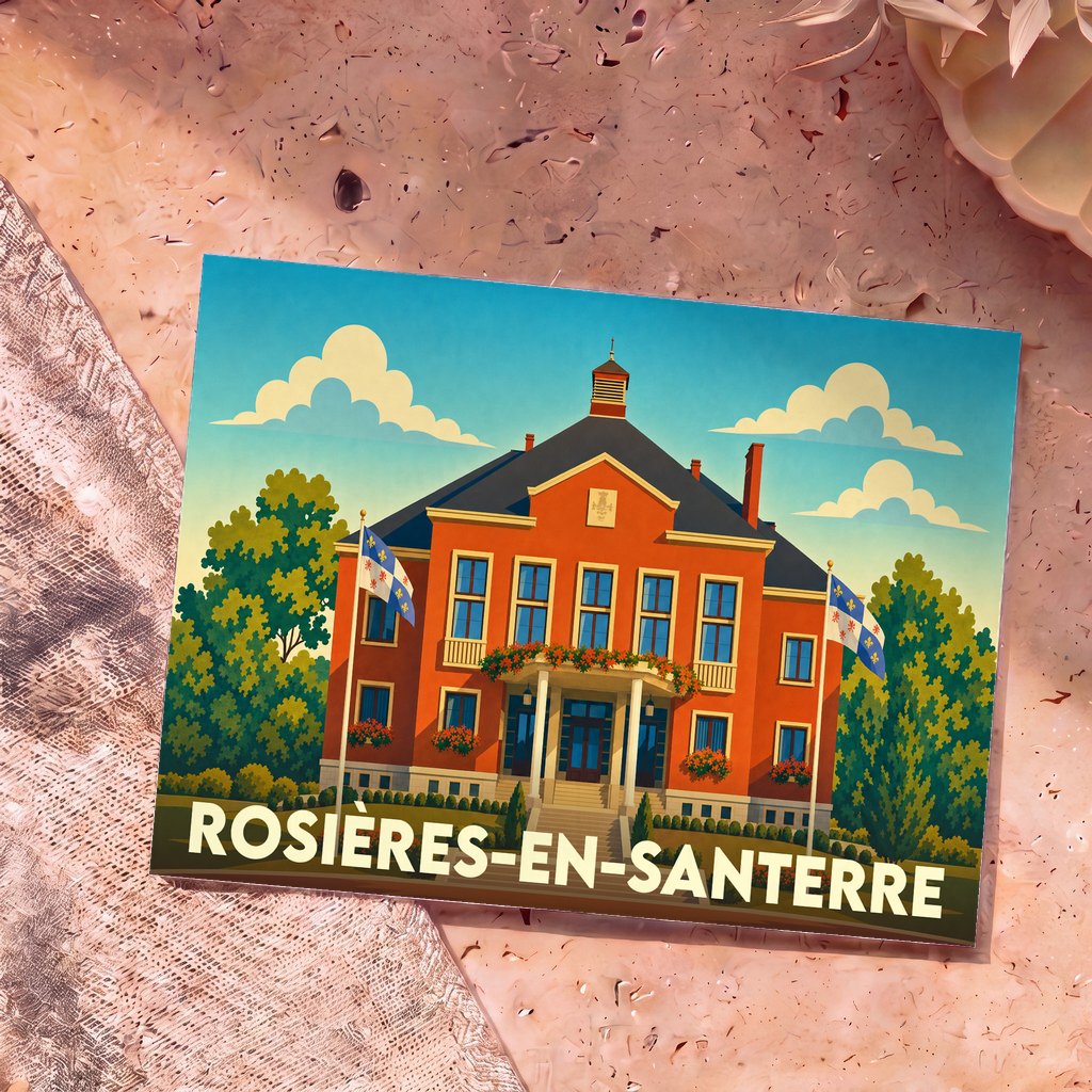 Carte postale souvenir de la ville de Rosières-en-Santerre avec une illustration stylisée de son hôtel de ville.