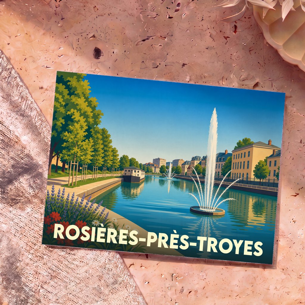 Carte postale souvenir de la ville de Rosières-près-Troyes avec une illustration stylisée d'un canal et de fontaines.