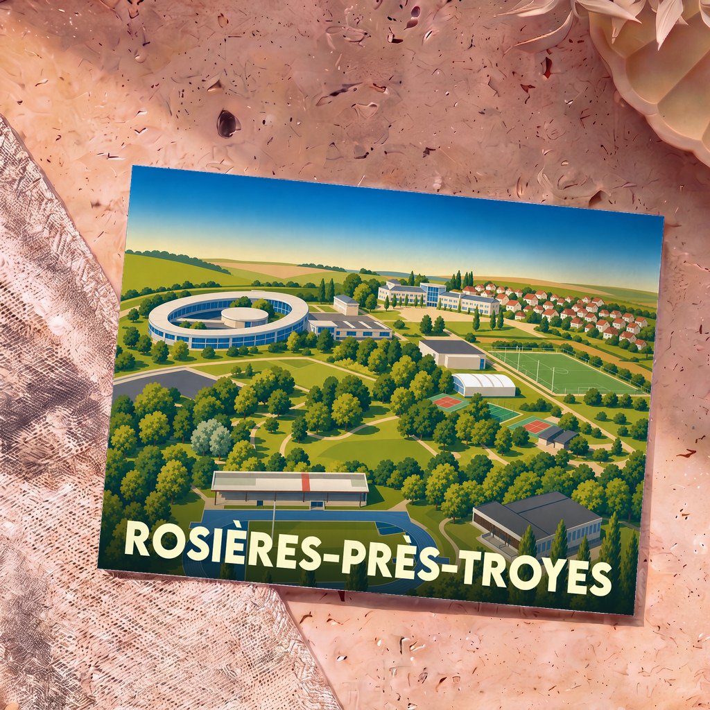 Carte postale souvenir de la ville de Rosières-près-Troyes avec une illustration stylisée d'un complexe universitaire et sportif.