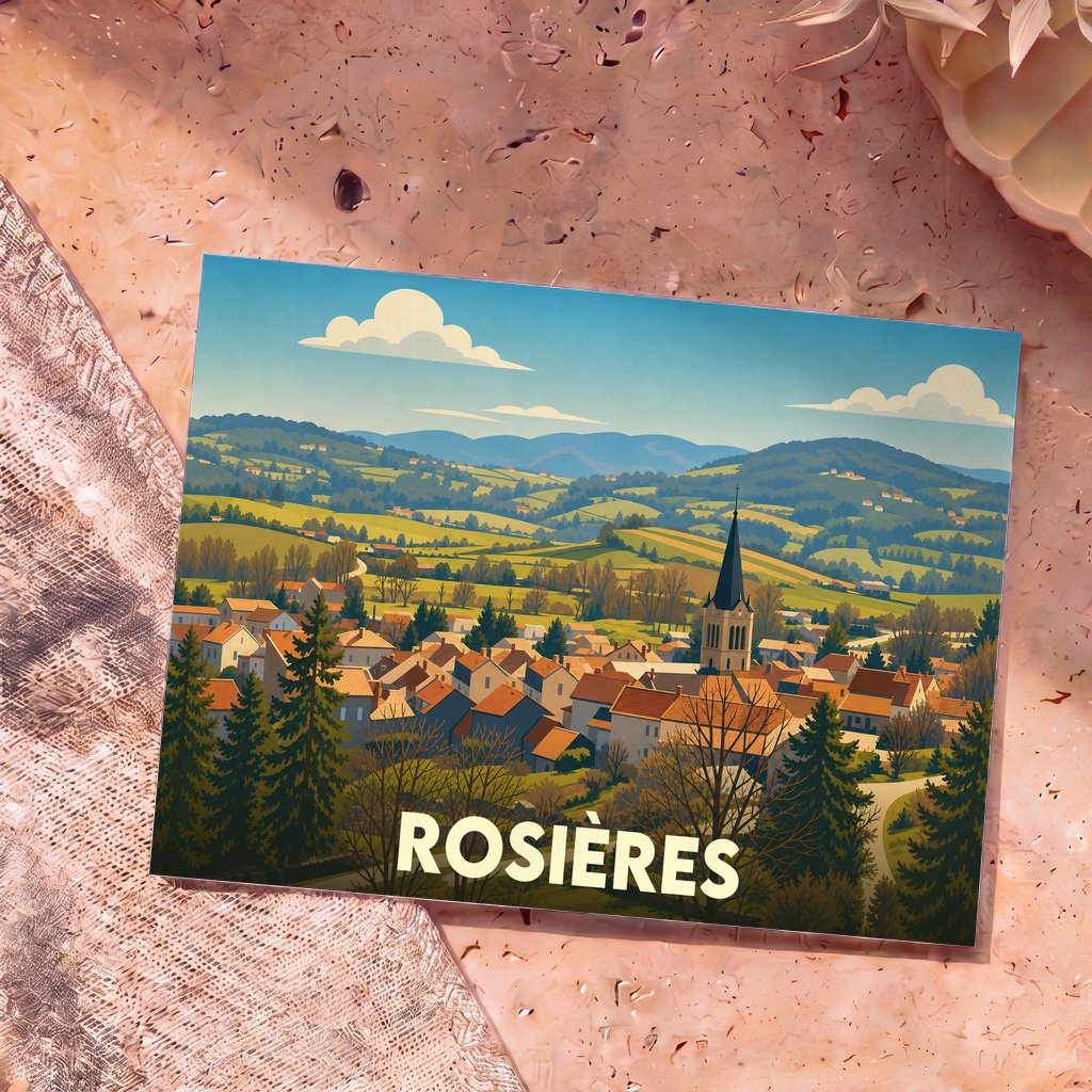 Carte postale souvenir de la ville de Rosières avec une illustration stylisée de son paysage vallonné.