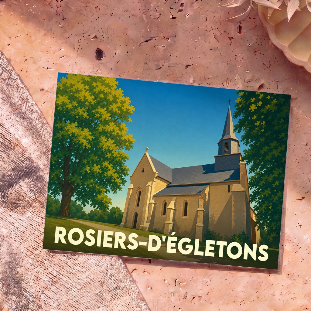 Carte postale souvenir de la ville de Rosiers-d'Égletons avec une illustration stylisée de son église.