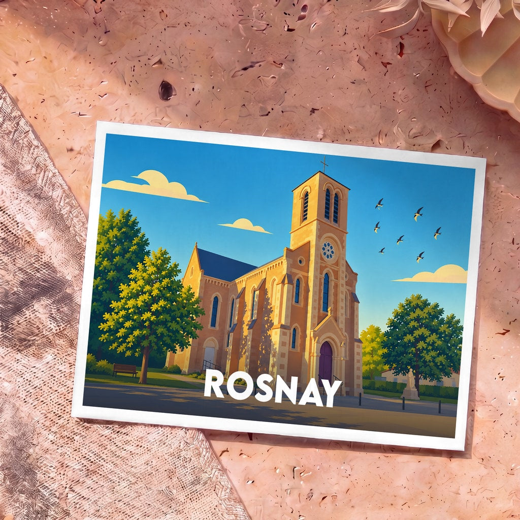 Carte postale souvenir de la ville de Rosnay avec une illustration stylisée de son église sous un ciel bleu.