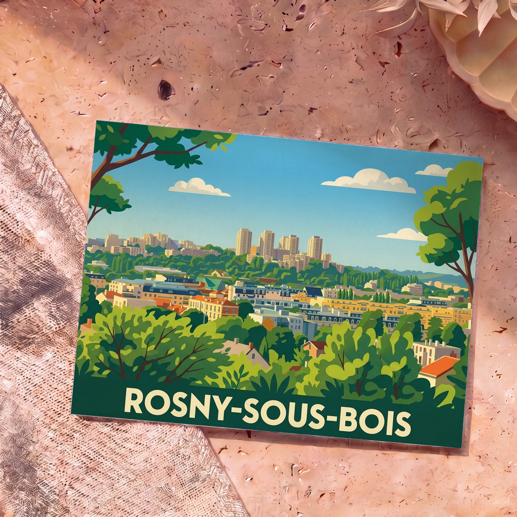 Carte postale souvenir de la ville de Rosny-sous-Bois avec une illustration panoramique et stylisée.