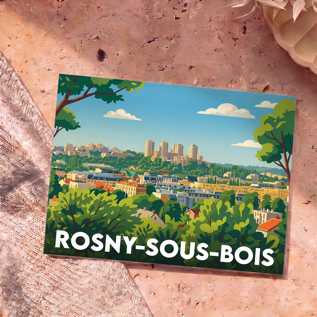 Carte postale souvenir de la ville de Rosny-sous-Bois avec une illustration panoramique et stylisée.
