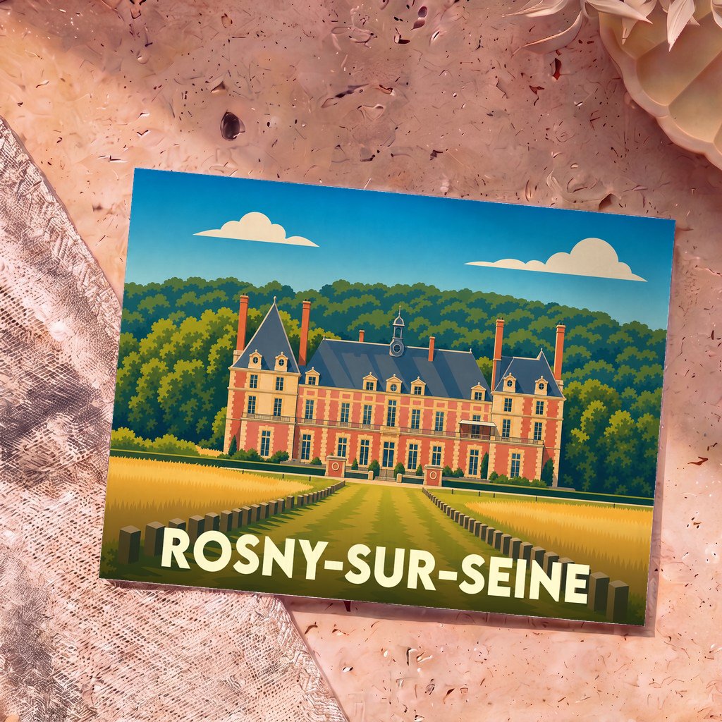 Carte postale souvenir de la ville de Rosny-sur-Seine avec une illustration stylisée de son château.