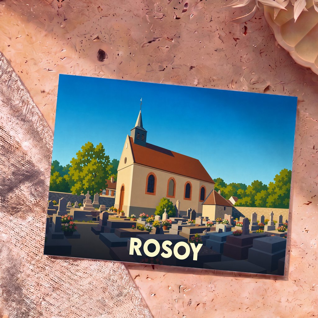 Carte postale souvenir de la ville de Rosoy avec une illustration stylisée d'une église et d'un cimetière fleuri.