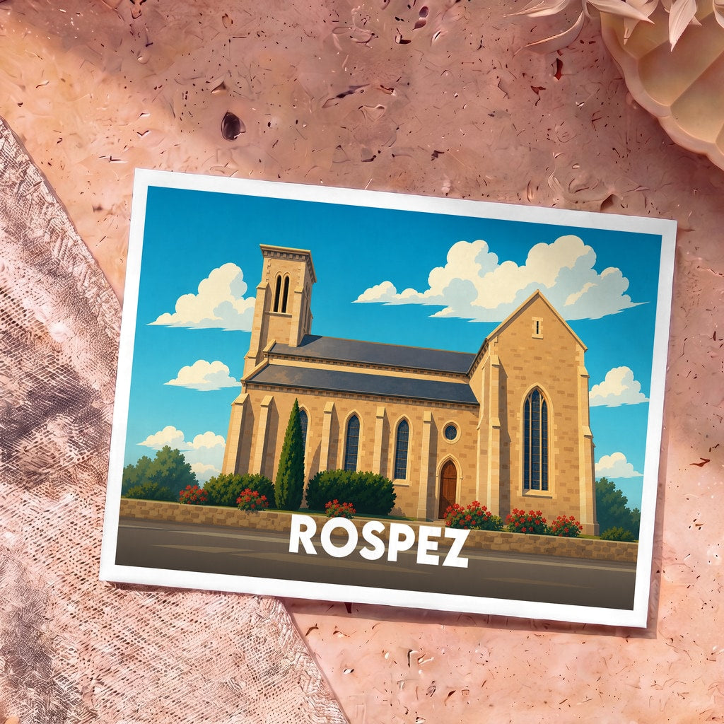 Carte postale souvenir de la ville de Rospez avec une illustration stylisée de son église sous un ciel bleu parsemé de nuages.