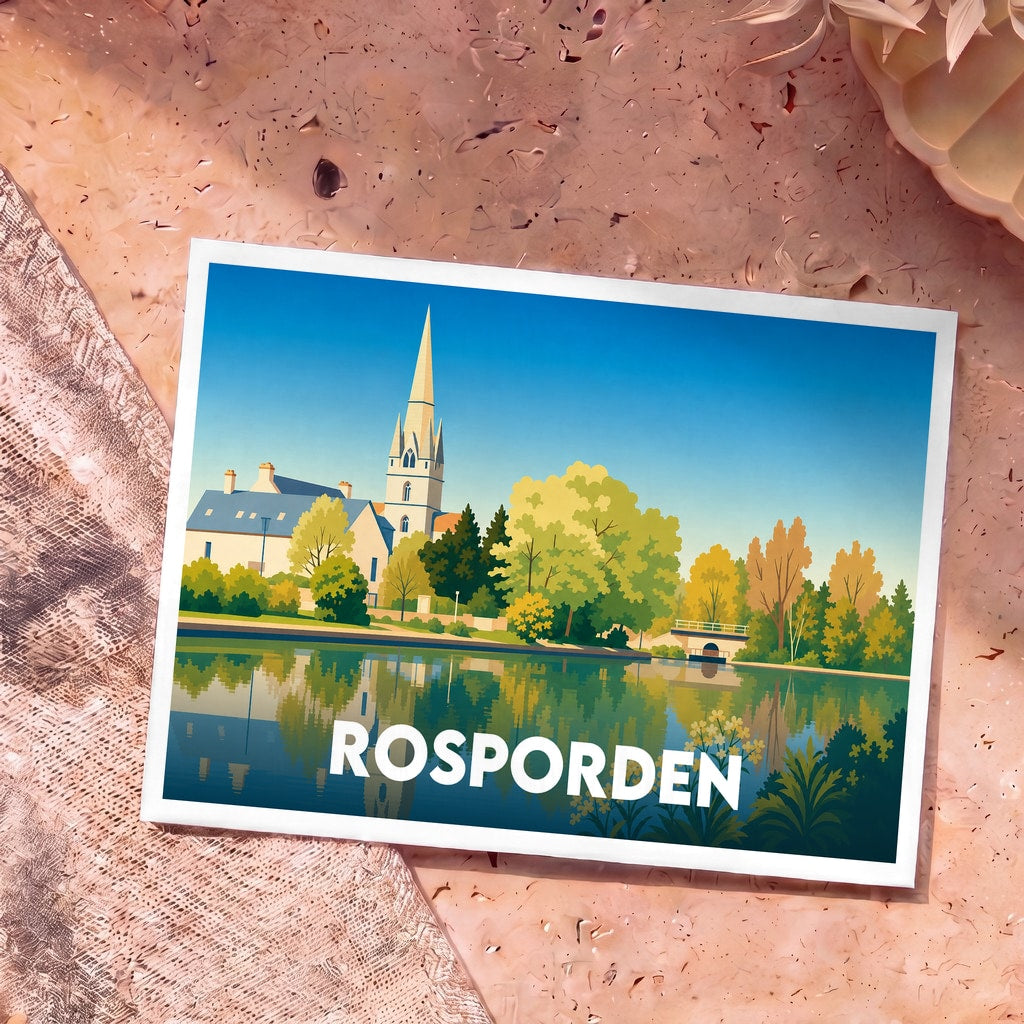 Carte postale souvenir de la ville de Rosporden présentant une illustration stylisée de son église et de son étang.