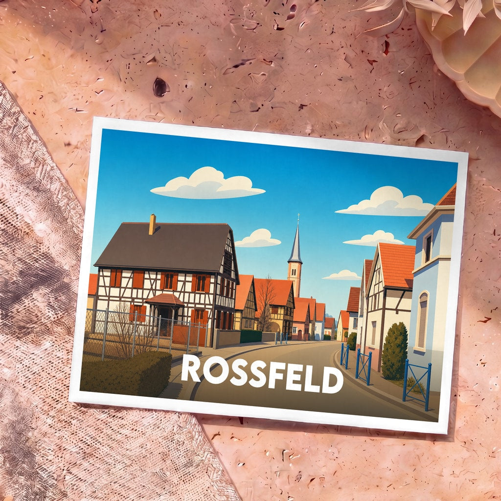 Carte postale souvenir de la ville de Rossfeld avec une illustration stylisée de ses maisons à colombages.