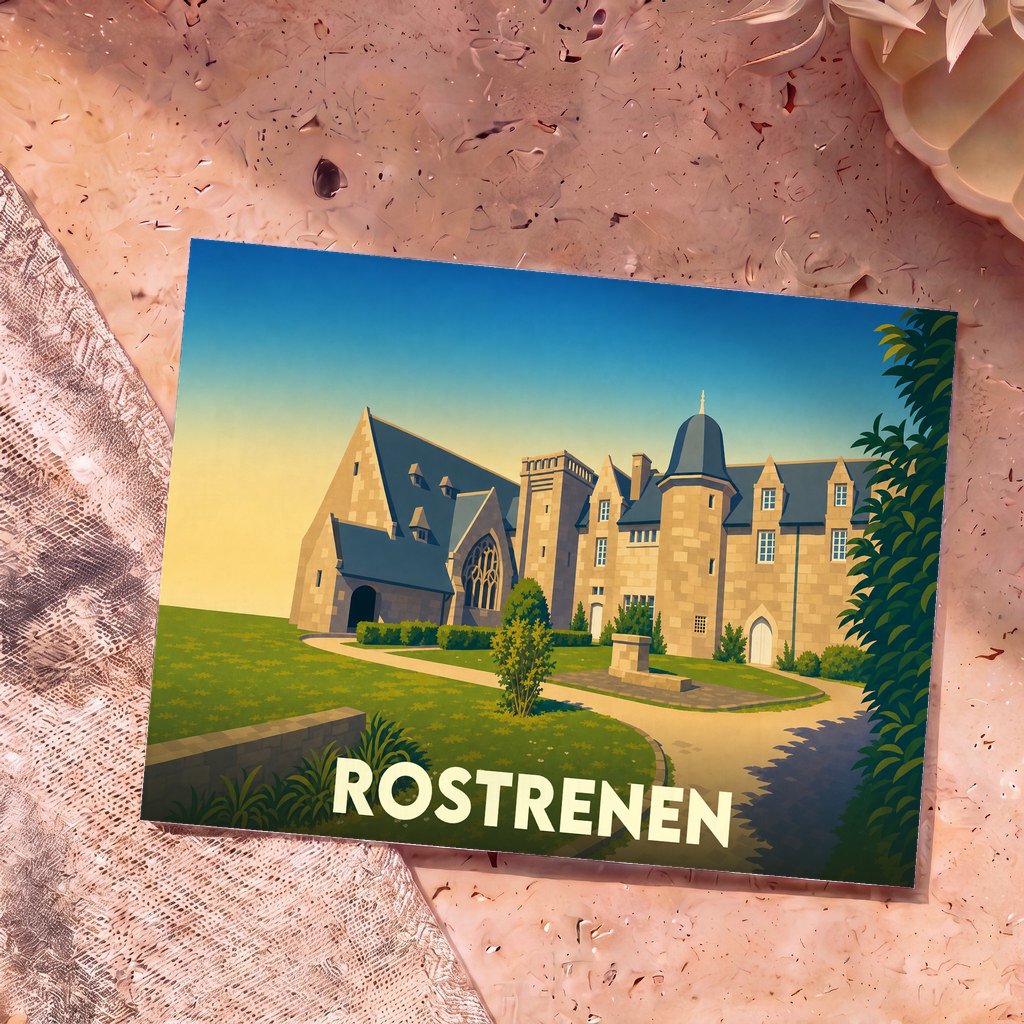Carte postale souvenir de la ville de Rostrenen avec une illustration stylisée de son patrimoine architectural.