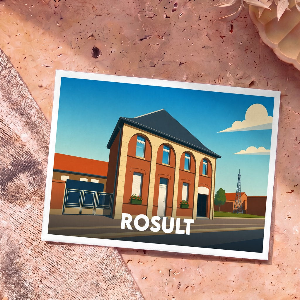 Carte postale souvenir de la ville de Rosult illustrant un bâtiment typique dans un style graphique épuré.