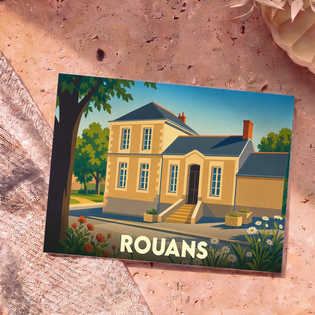 Carte postale souvenir de la ville de Rouans avec une illustration stylisée d'une maison traditionnelle.