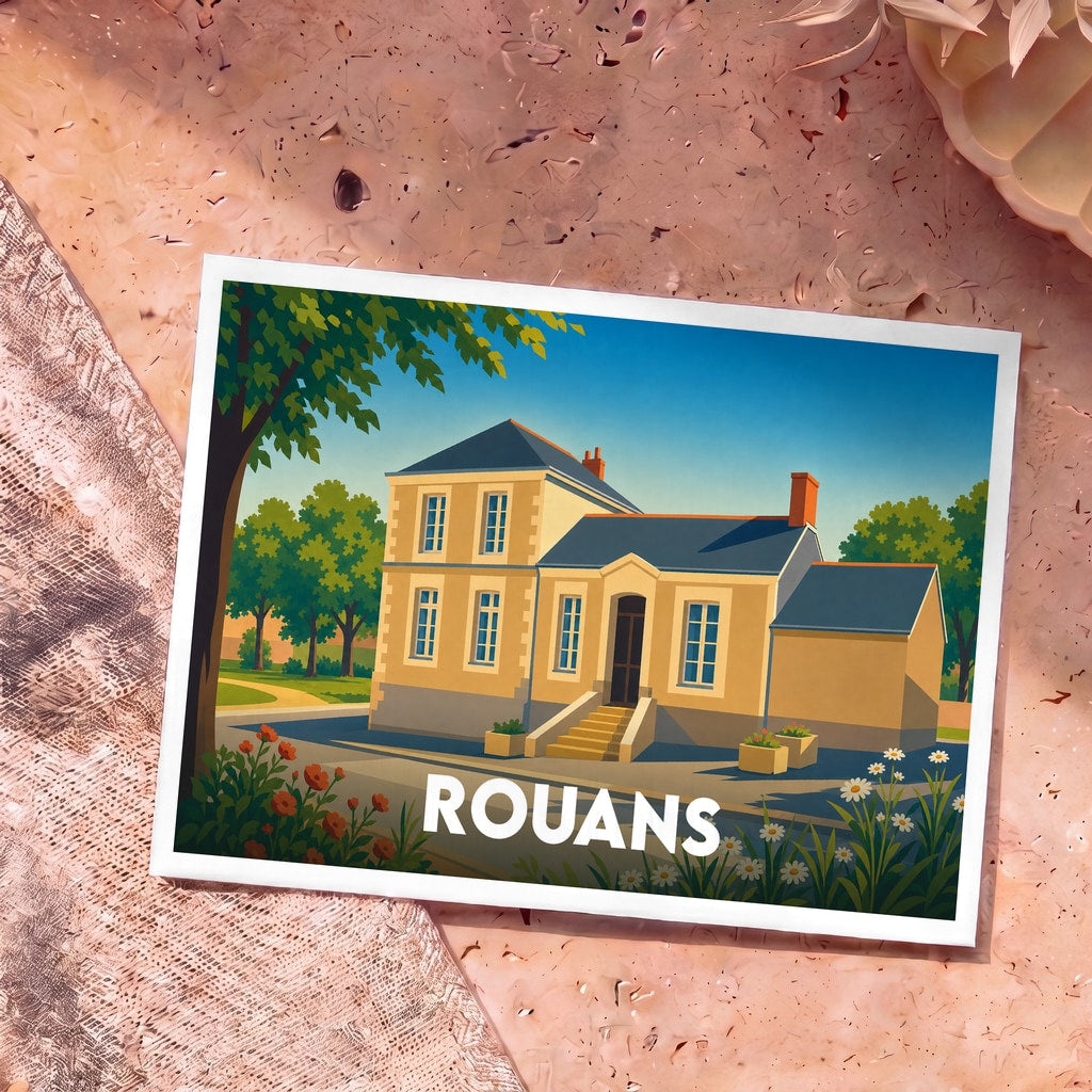 Carte postale souvenir de la ville de Rouans avec une illustration stylisée d'une maison traditionnelle.