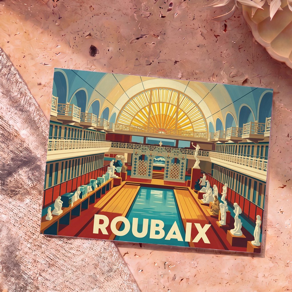 Carte postale souvenir de la ville de Roubaix illustrant le musée de La Piscine dans un style Art déco.