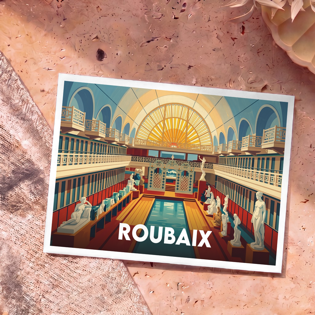 Carte postale souvenir de la ville de Roubaix illustrant le musée de La Piscine dans un style Art déco.