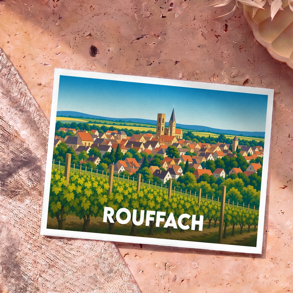 Carte postale souvenir de la ville de Rouffach avec une illustration stylisée de son église et de ses vignobles.