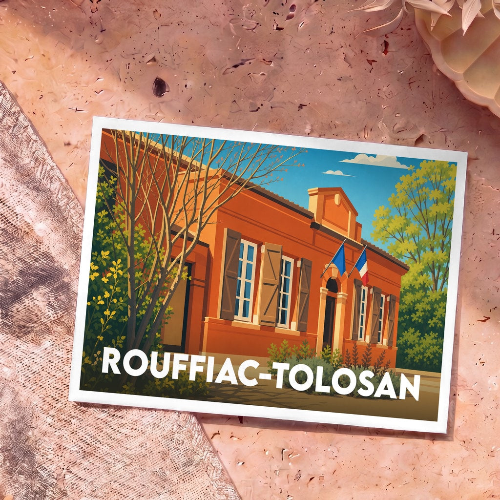 Carte postale souvenir de la ville de Rouffiac-Tolosan avec une illustration stylisée de sa mairie.