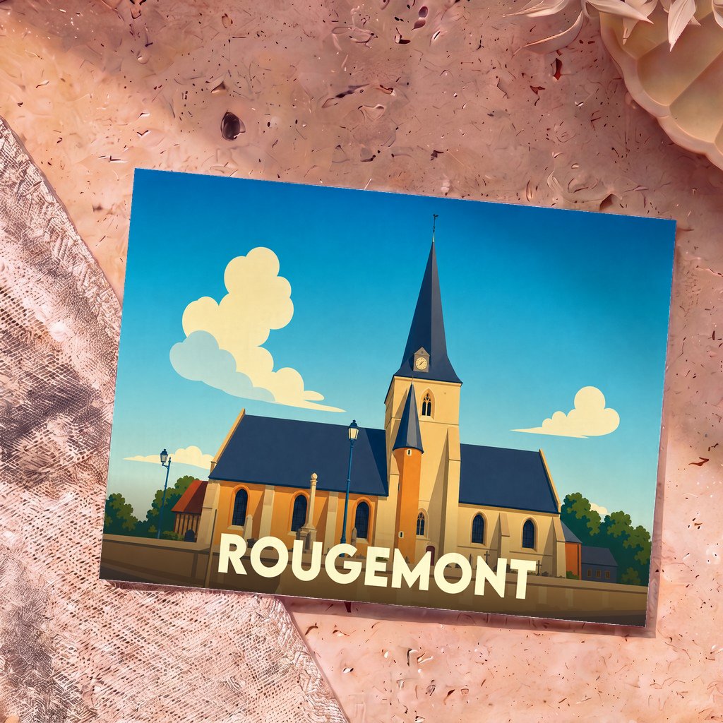 Carte postale souvenir de la ville de Rougemont avec une illustration stylisée de son église sous un ciel bleu.