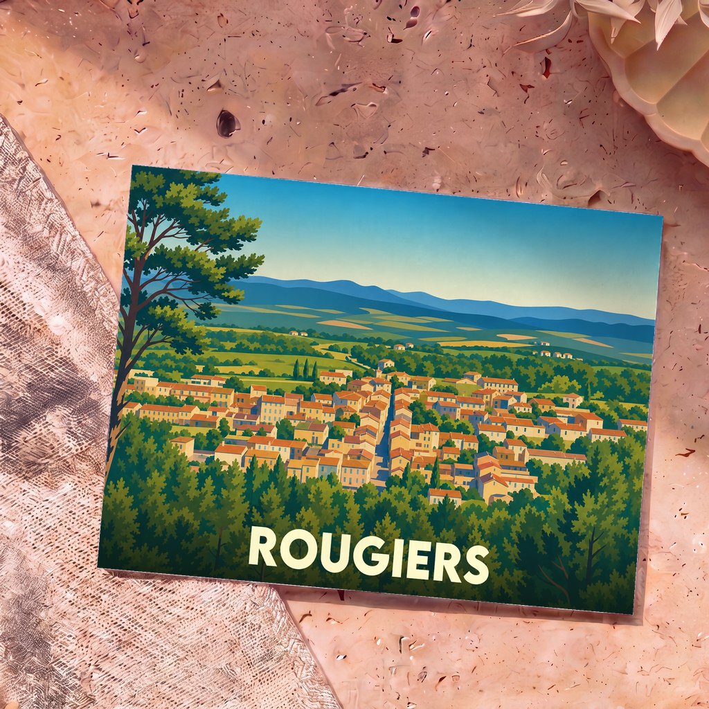 Carte postale souvenir de la ville de Rougiers illustrant un panorama coloré du village niché dans la végétation.