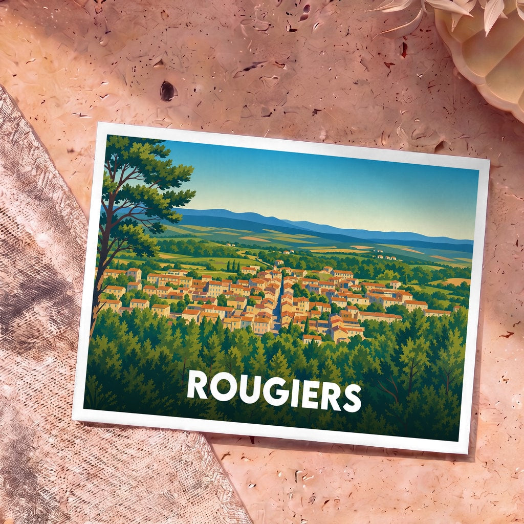 Carte postale souvenir de la ville de Rougiers illustrant un panorama coloré du village niché dans la végétation.