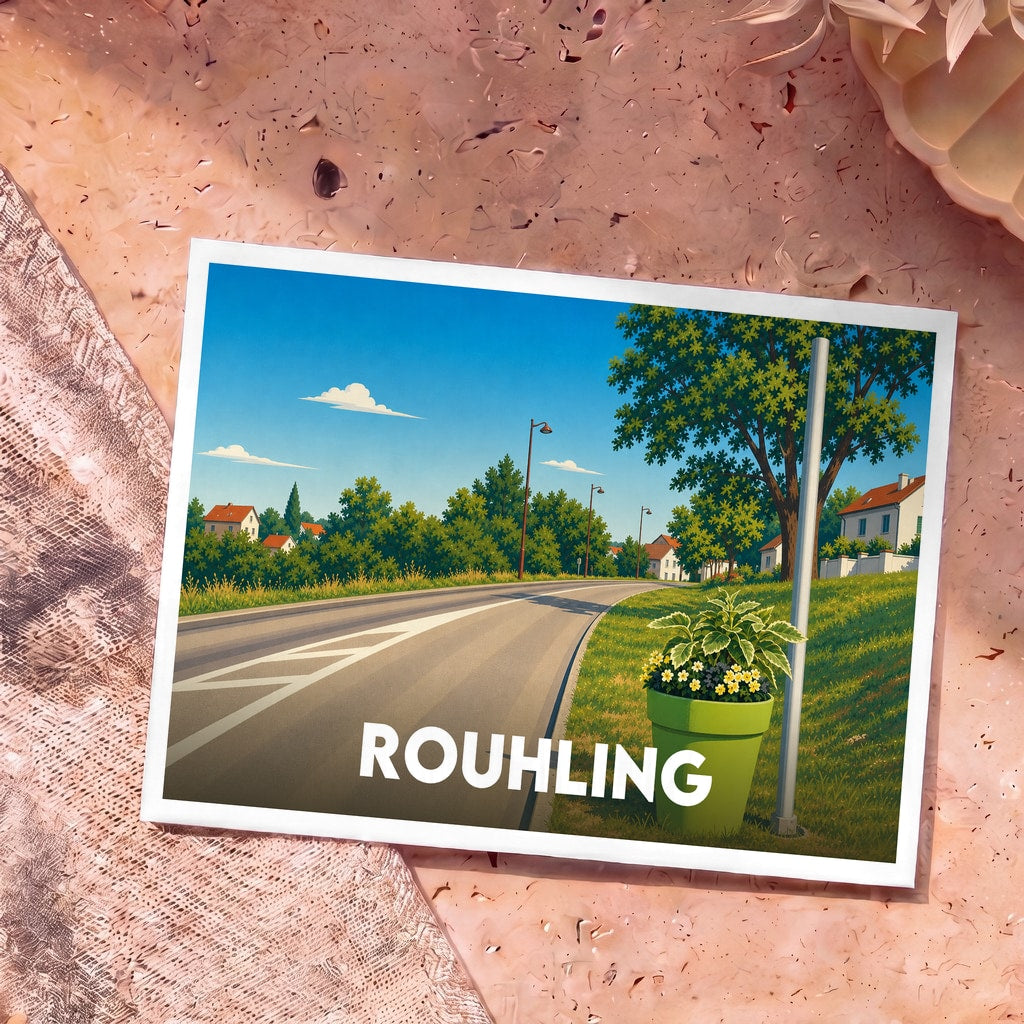Carte postale souvenir de la ville de Rouhling avec une illustration stylisée d'une route de campagne sous un ciel bleu.