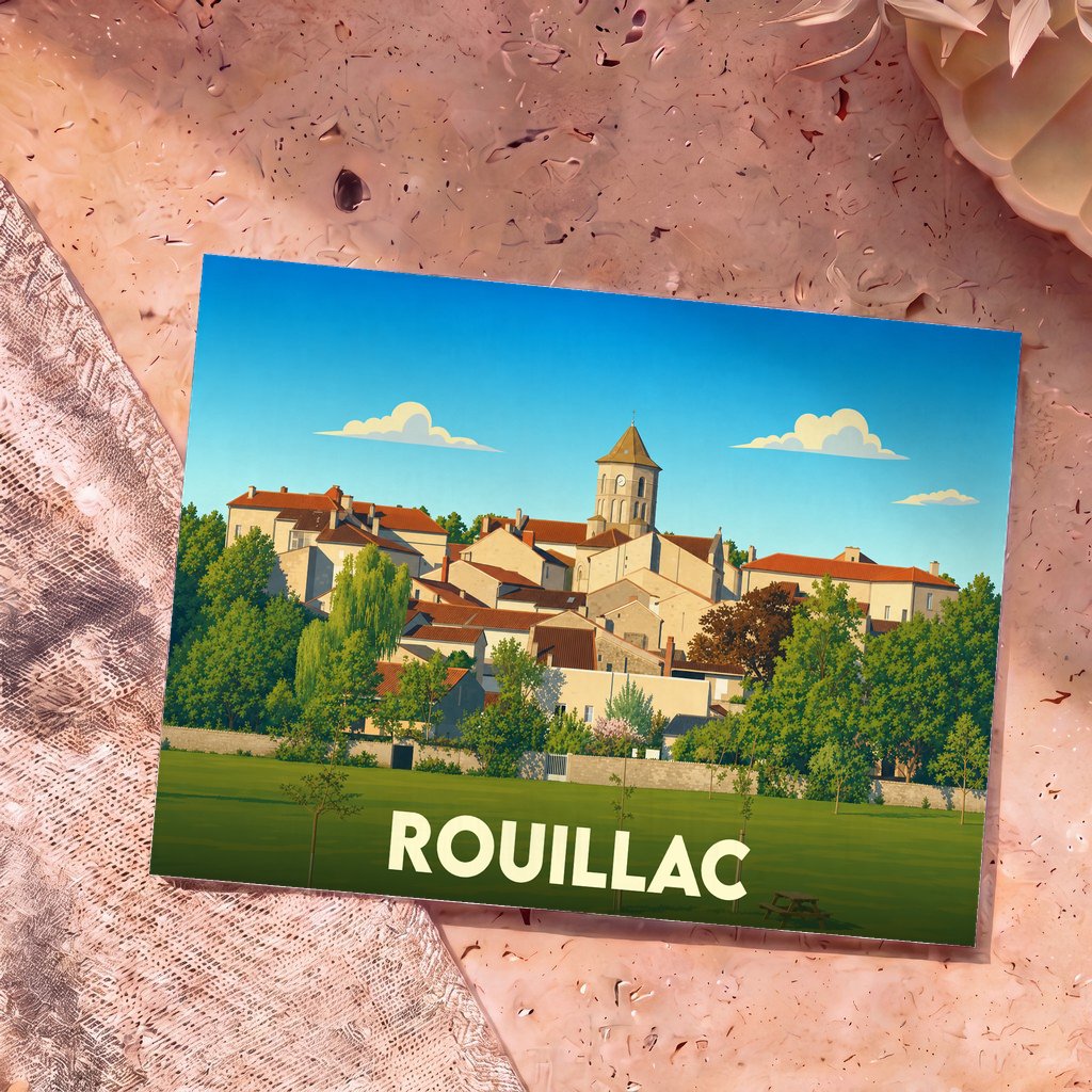 Carte postale souvenir de la ville de Rouillac illustrant son église et ses maisons ensoleillées dans un style épuré.