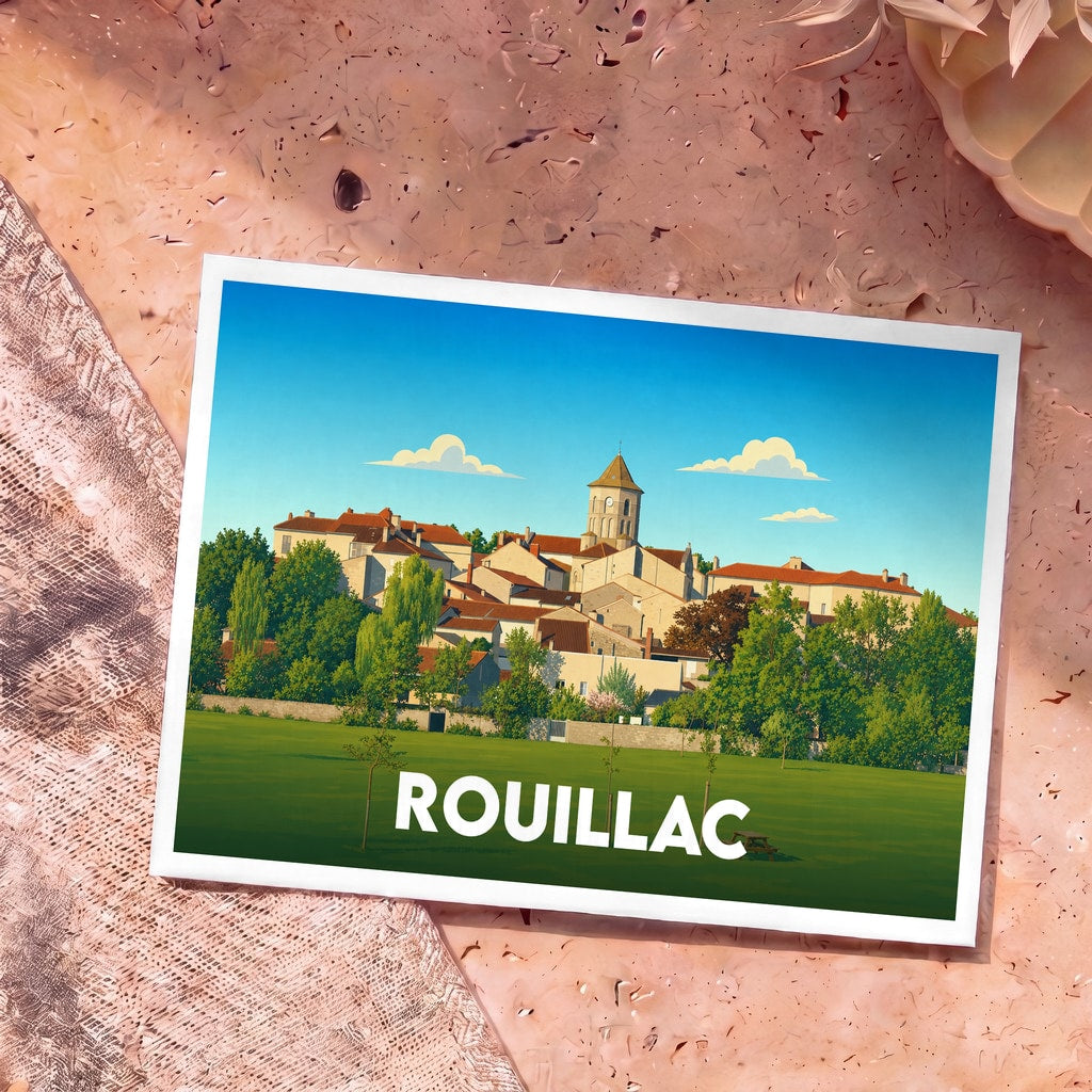 Carte postale souvenir de la ville de Rouillac illustrant son église et ses maisons ensoleillées dans un style épuré.