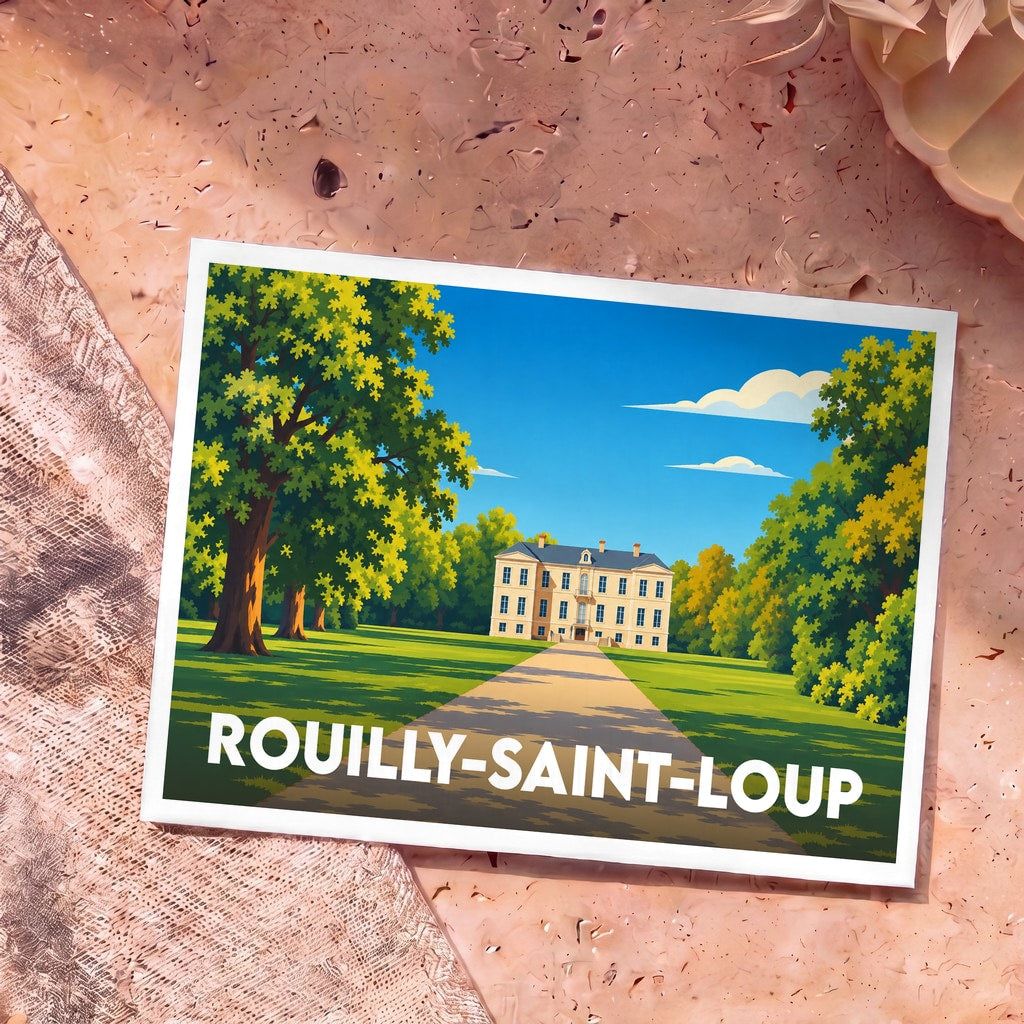 Carte postale souvenir de la ville de Rouilly-Saint-Loup illustrant un château majestueux dans un parc verdoyant.