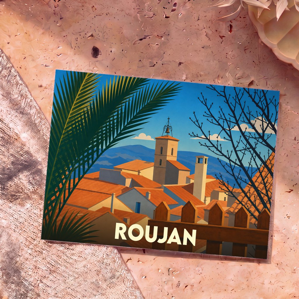 Carte postale souvenir de la ville de Roujan présentant une illustration stylisée de ses toits orangés et de son clocher.