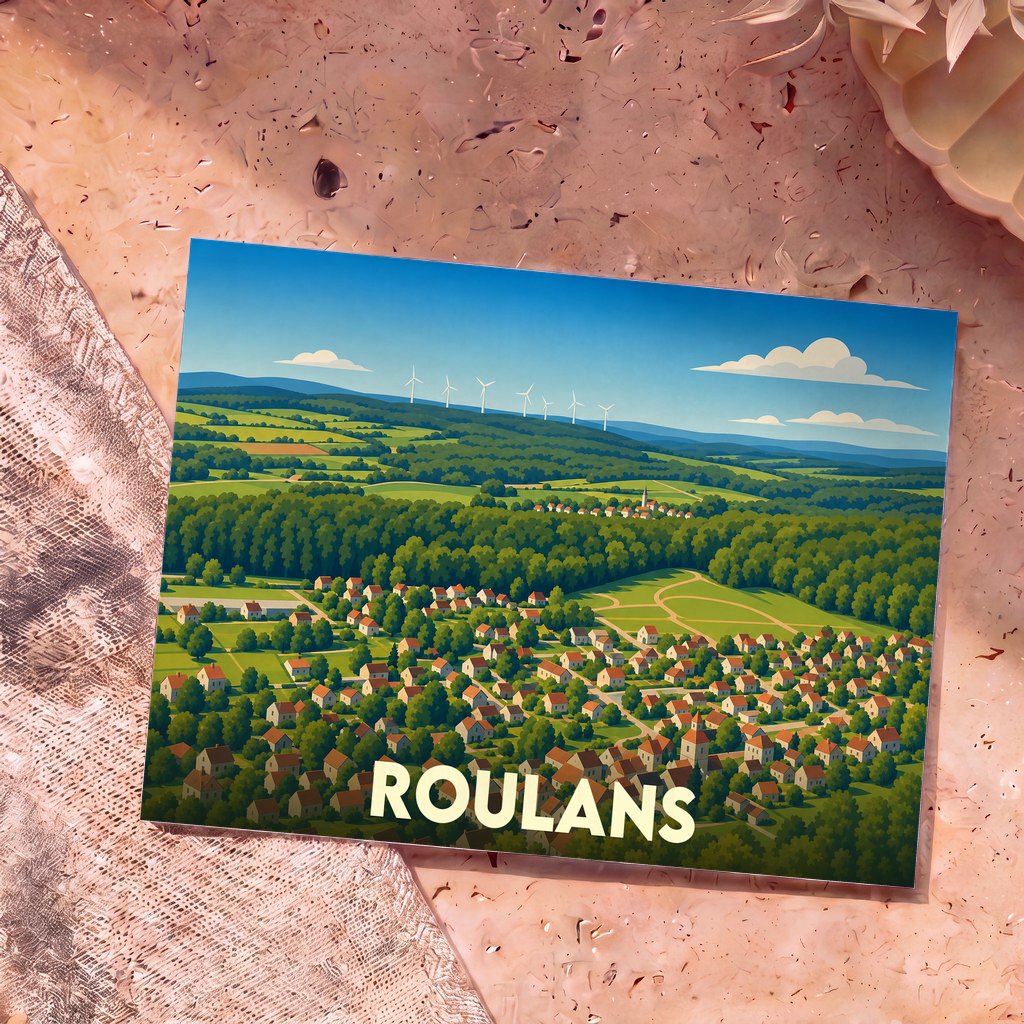 Carte postale souvenir de la ville de Roulans avec une illustration stylisée montrant le village niché dans une campagne verdoyante.