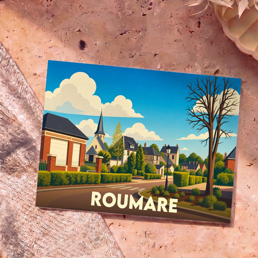 Carte postale souvenir de la ville de Roumare avec une illustration stylisée et colorée.