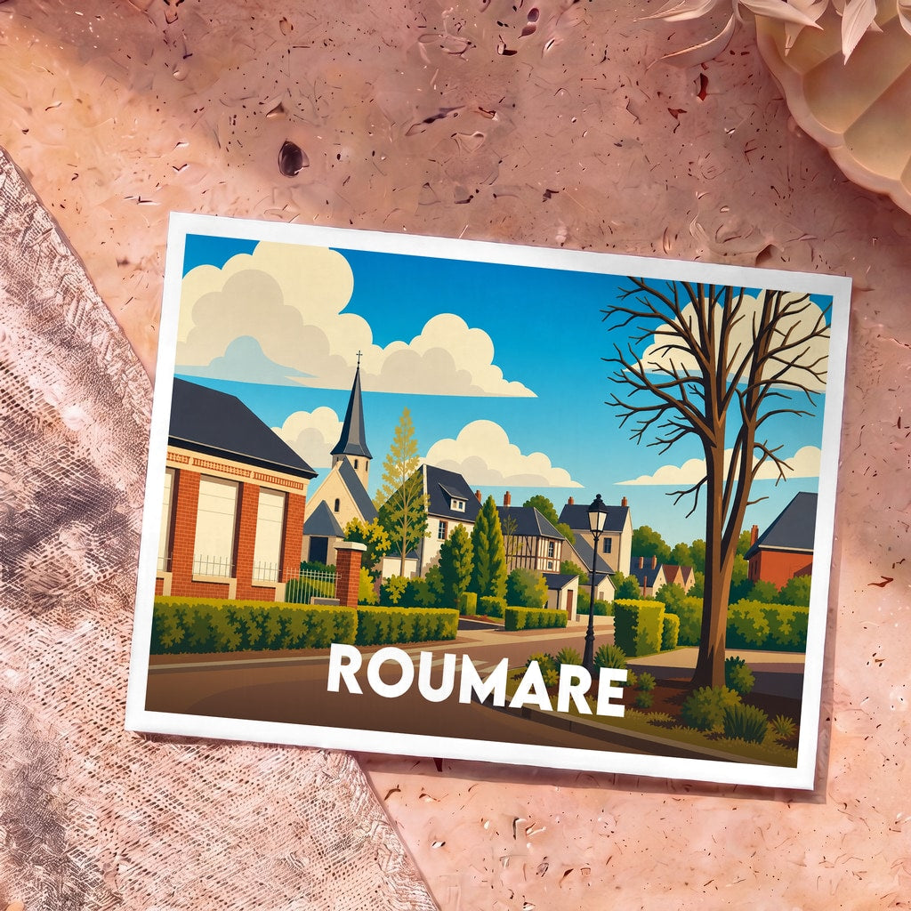 Carte postale souvenir de la ville de Roumare avec une illustration stylisée et colorée.