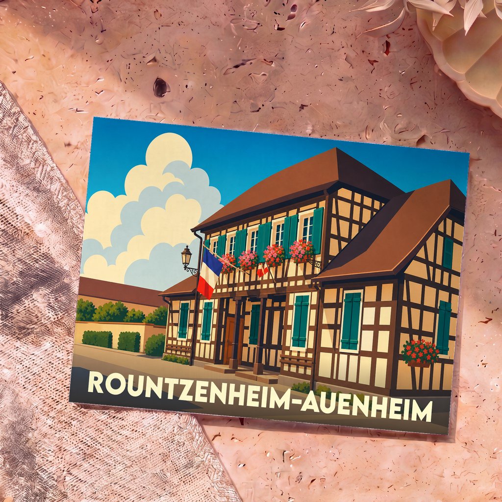 Carte postale souvenir de la ville de Rountzenheim-Auenheim avec une illustration stylisée d'une maison alsacienne à colombages.