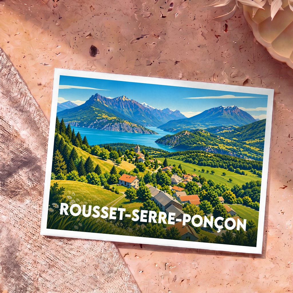 Carte postale souvenir de la ville de Rousset-Serre-Ponçon avec une illustration stylisée d'un paysage de montagne et de lac.
