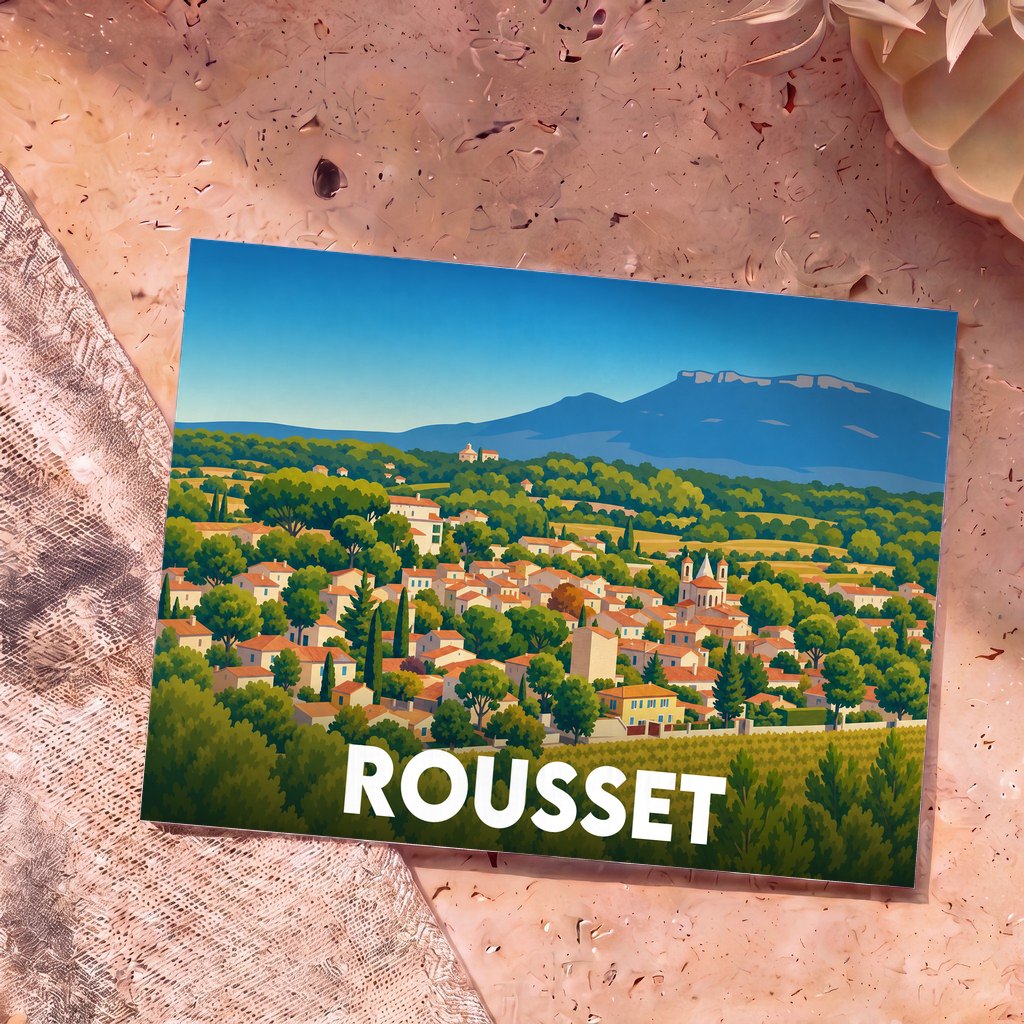 Carte postale souvenir de la ville de Rousset avec une illustration stylisée d'un village provençal au pied d'une montagne.