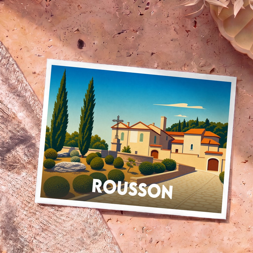 Carte postale souvenir de la ville de Rousson avec une illustration stylisée d'une bâtisse provençale.