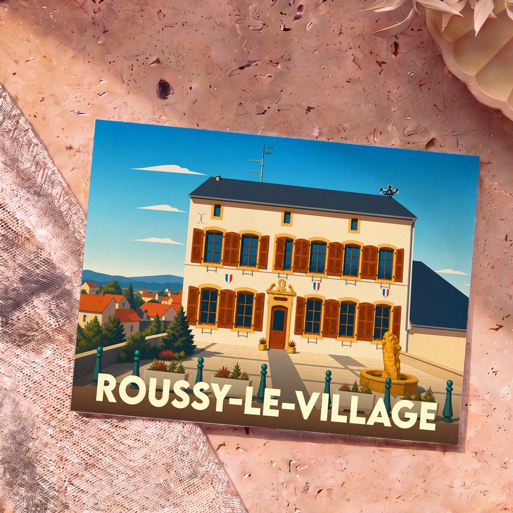 Carte postale souvenir de la ville de Roussy-le-Village avec une illustration stylisée de sa mairie.