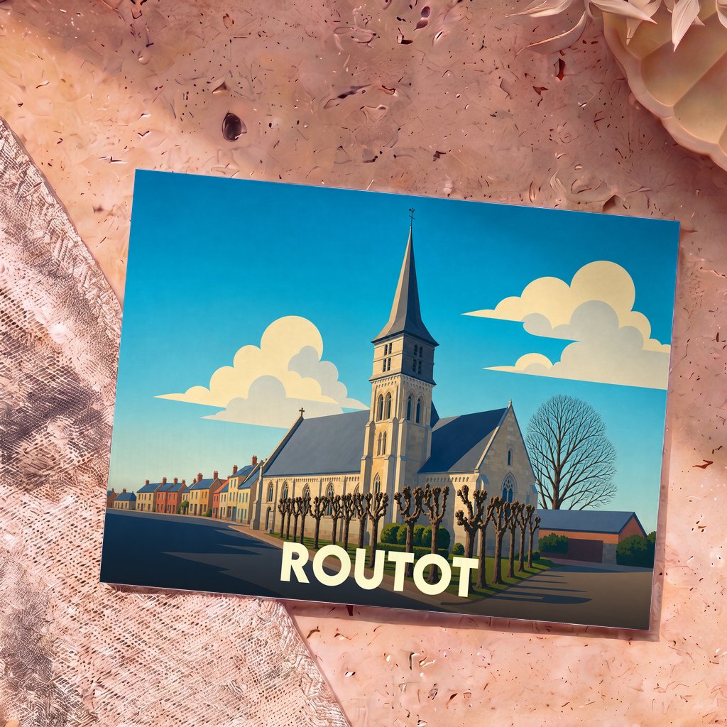 Carte postale souvenir de la ville de Routot présentant une illustration stylisée de son église sous un ciel bleu.