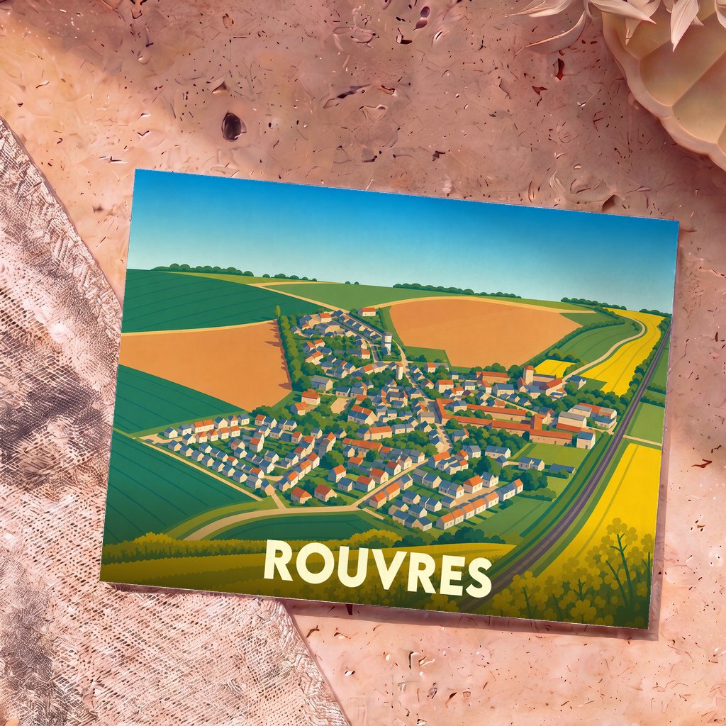 Carte postale souvenir de la ville de Rouvres illustrant une vue aérienne stylisée du village entouré de champs.