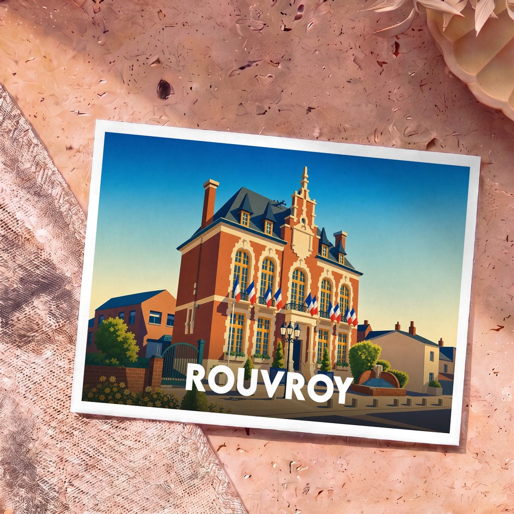 Carte postale souvenir de la ville de Rouvroy avec une illustration stylisée de son hôtel de ville.