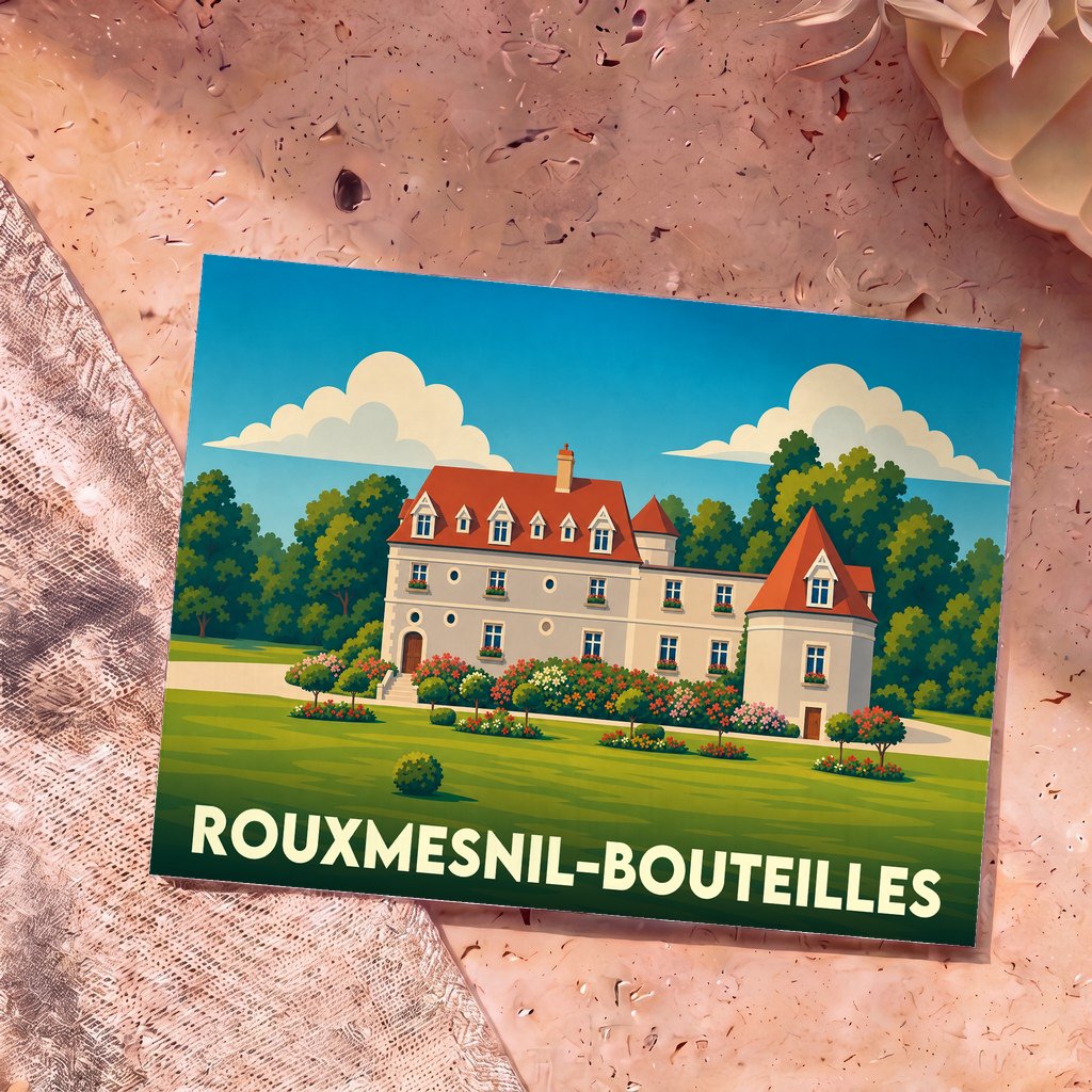 Carte postale souvenir de la ville de Rouxmesnil-Bouteilles avec une illustration stylisée d'un château normand.