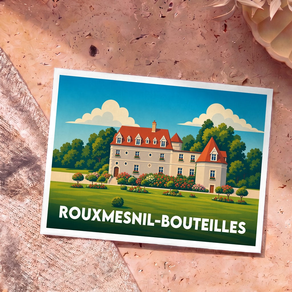 Carte postale souvenir de la ville de Rouxmesnil-Bouteilles avec une illustration stylisée d'un château normand.