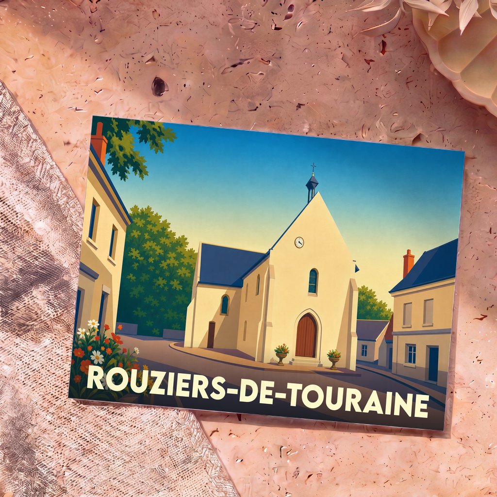 Carte postale souvenir de la ville de Rouziers-de-Touraine avec une illustration stylisée de son église sous un ciel ensoleillé.