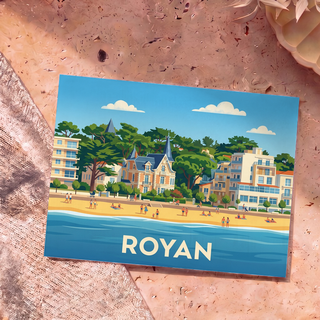 Carte postale souvenir de la ville de Royan avec une illustration stylisée d'une plage ensoleillée et de villas historiques.