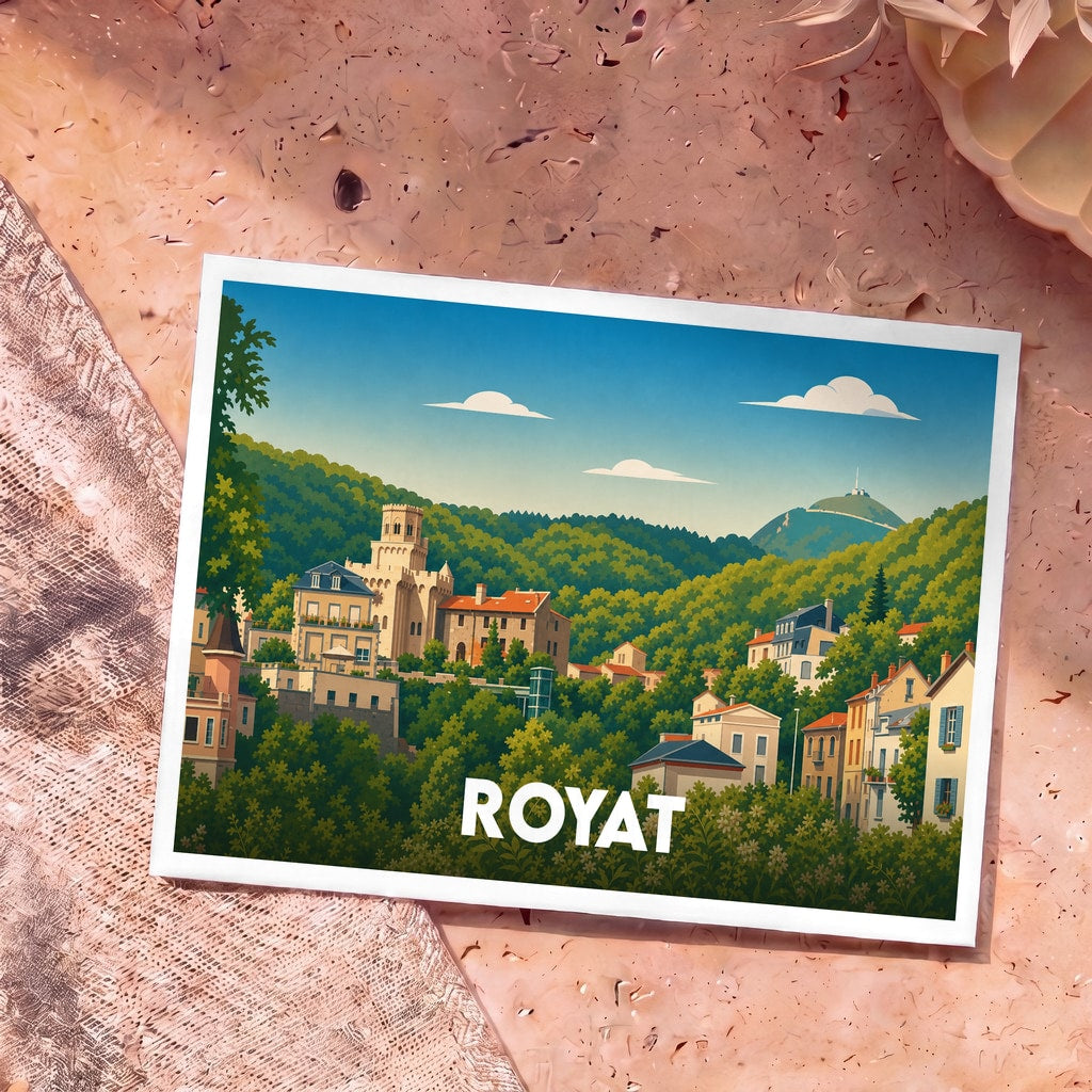 Carte postale souvenir de la ville de Royat avec une illustration stylisée et colorée.