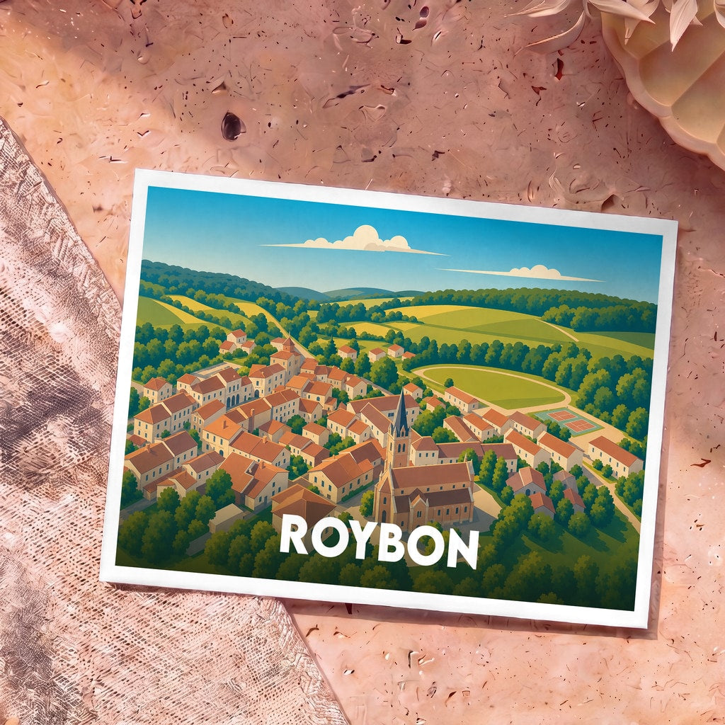 Carte postale souvenir de la ville de Roybon avec une illustration stylisée et colorée.