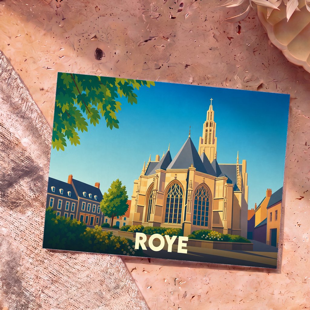 Carte postale souvenir de la ville de Roye avec une illustration stylisée de son église et de ses maisons.