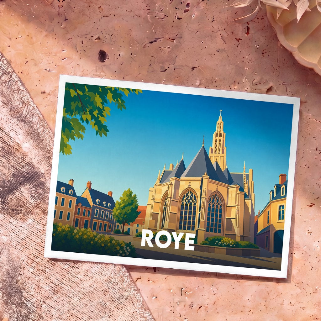 Carte postale souvenir de la ville de Roye avec une illustration stylisée de son église et de ses maisons.