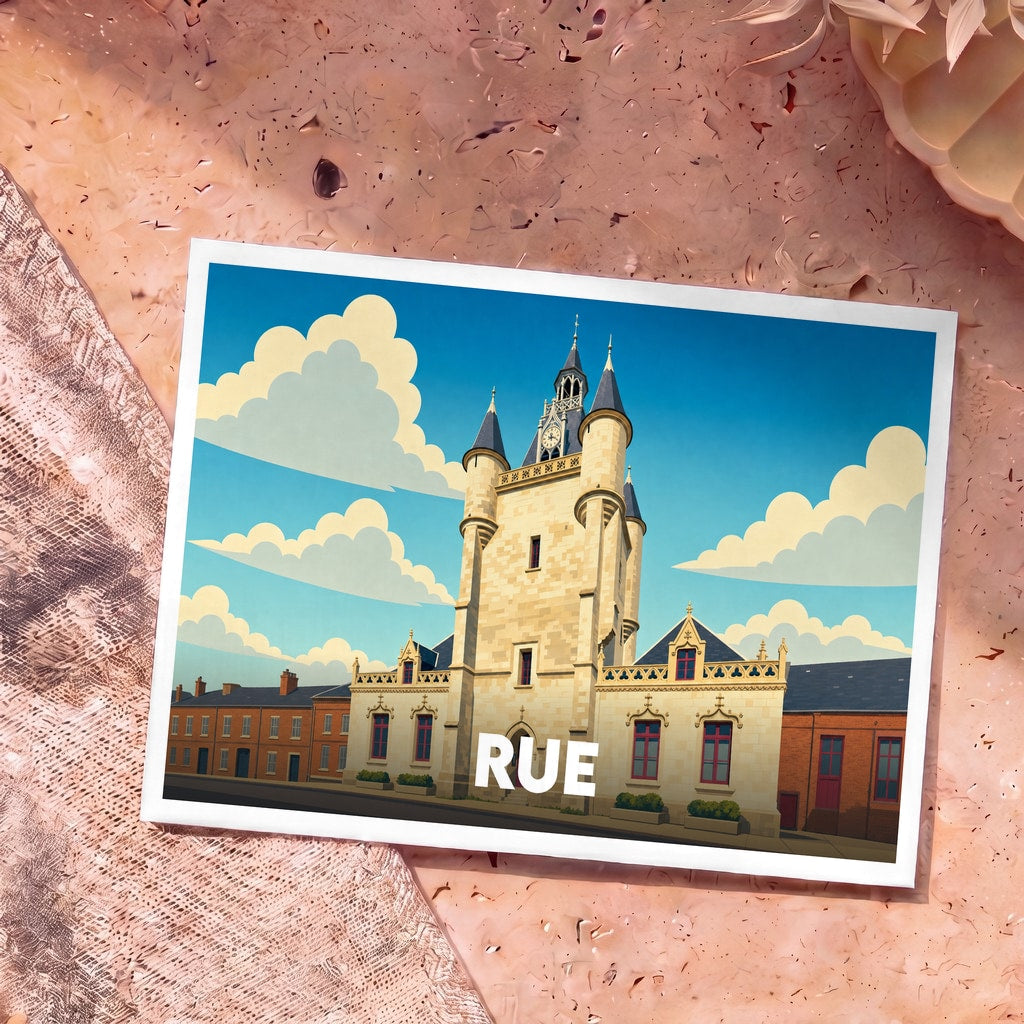 Carte postale souvenir de la ville de Rue avec une illustration stylisée de son beffroi sous un ciel nuageux.